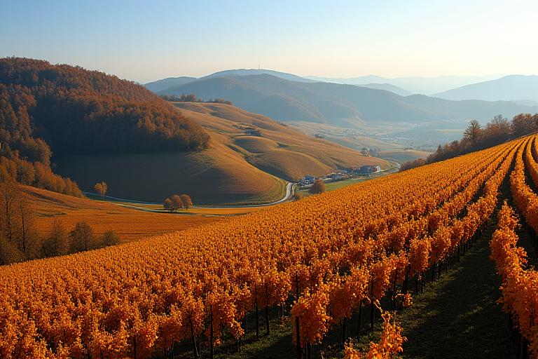 Rolling hills of the Styrian wine route in autumn.