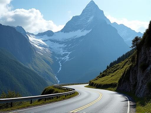 A winding alpine road with the Grossglockner mountain in the background.