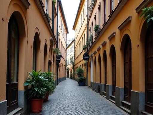 A charming, narrow cobblestone street in Vienna's 7th district.